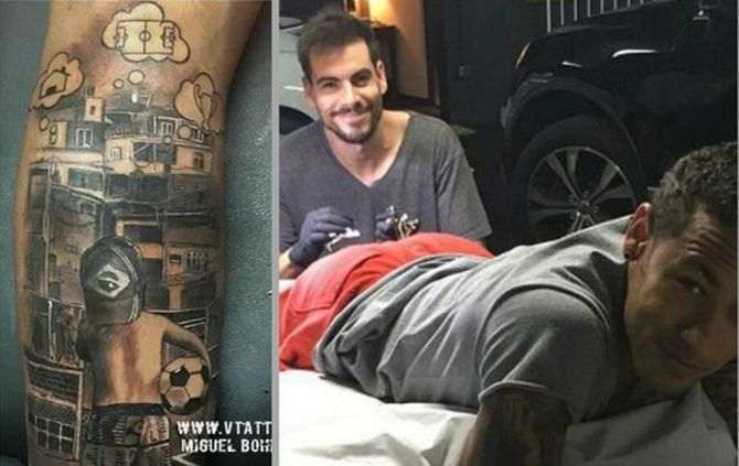 Неймар на ноге набил татуировку бразильских трущоб
