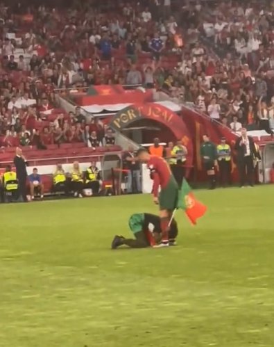 Фанат обнял Роналду и поклонился ему в ноги во время матча с Боснией