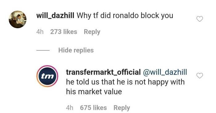 Роналду заблокировал Transfermarkt в инстаграме, обидевшись на свою цену