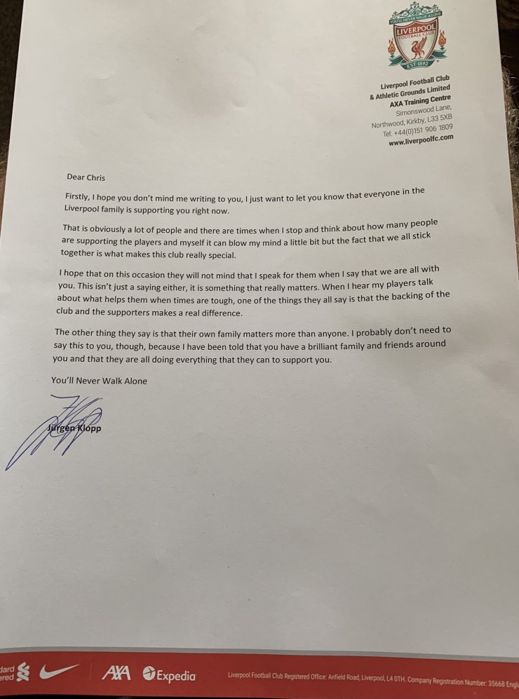 Клопп написал письмо фанату «Ливерпуля», который болеет раком