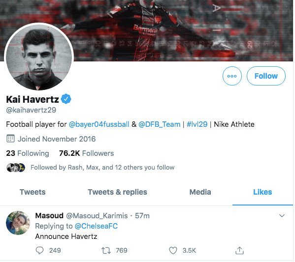 Хаверц лайкнул комментарий с призывом подписать его в «Челси»