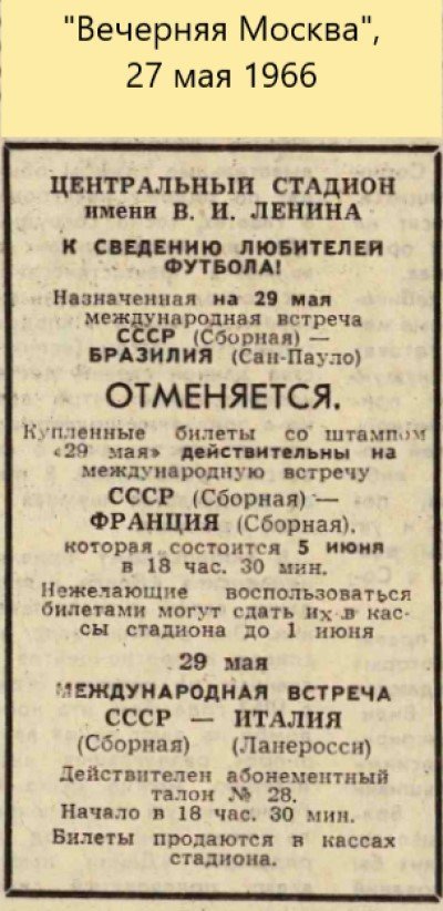 Билет на футбол. Загадочный матч в Лужниках перед ЧМ-66. Часть 3: один бразилец на поле точно будет!