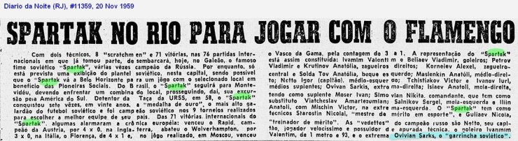 Турне московского «Спартака» в Южную Америку в 1959 начиналось в Бразилии. Кто был в делегации? Кого бразильская пресса называла «русским Гарринчей»? Был ли в составе Моцарт?
