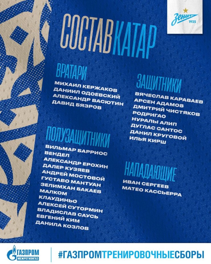 «Зенит» объявил список футболистов, отправившихся на сбор в Катаре